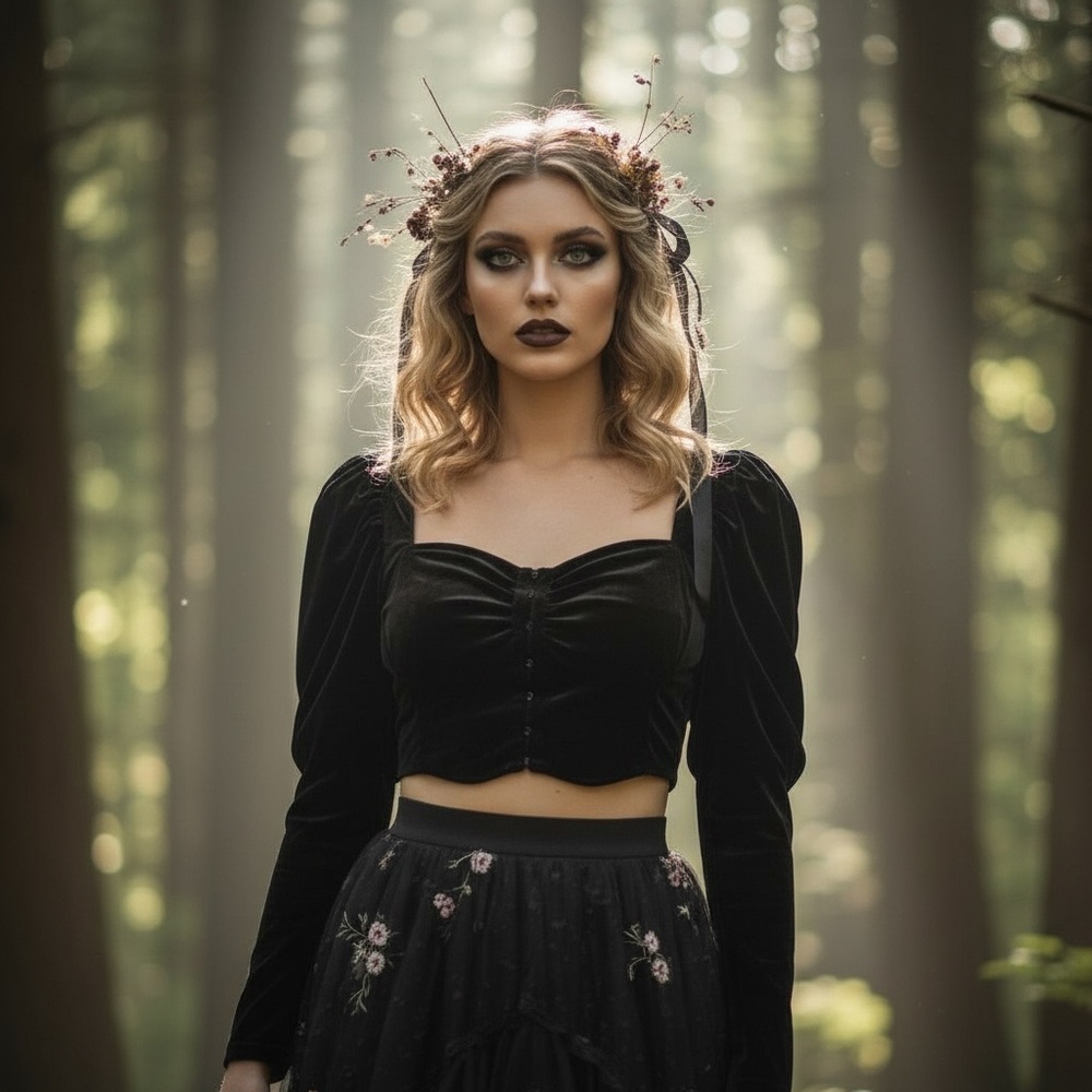 Black Velvet Mutton sleeve Whimsigoth Stevie Nicks Grunge Goth Crop Top